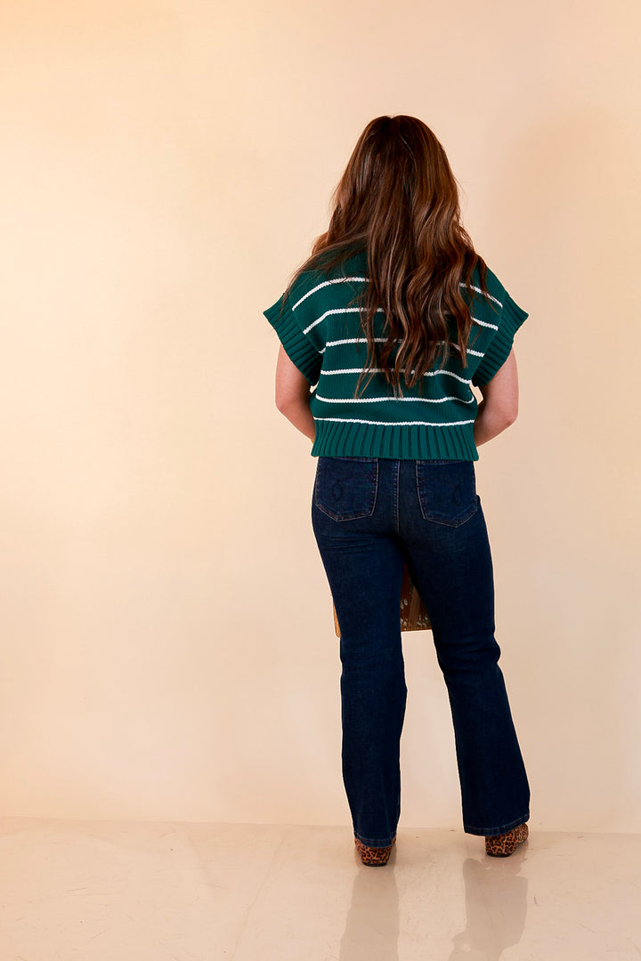Sweet in Stripes Short Sleeve Striped Mock Neck Sweater in Forest Green