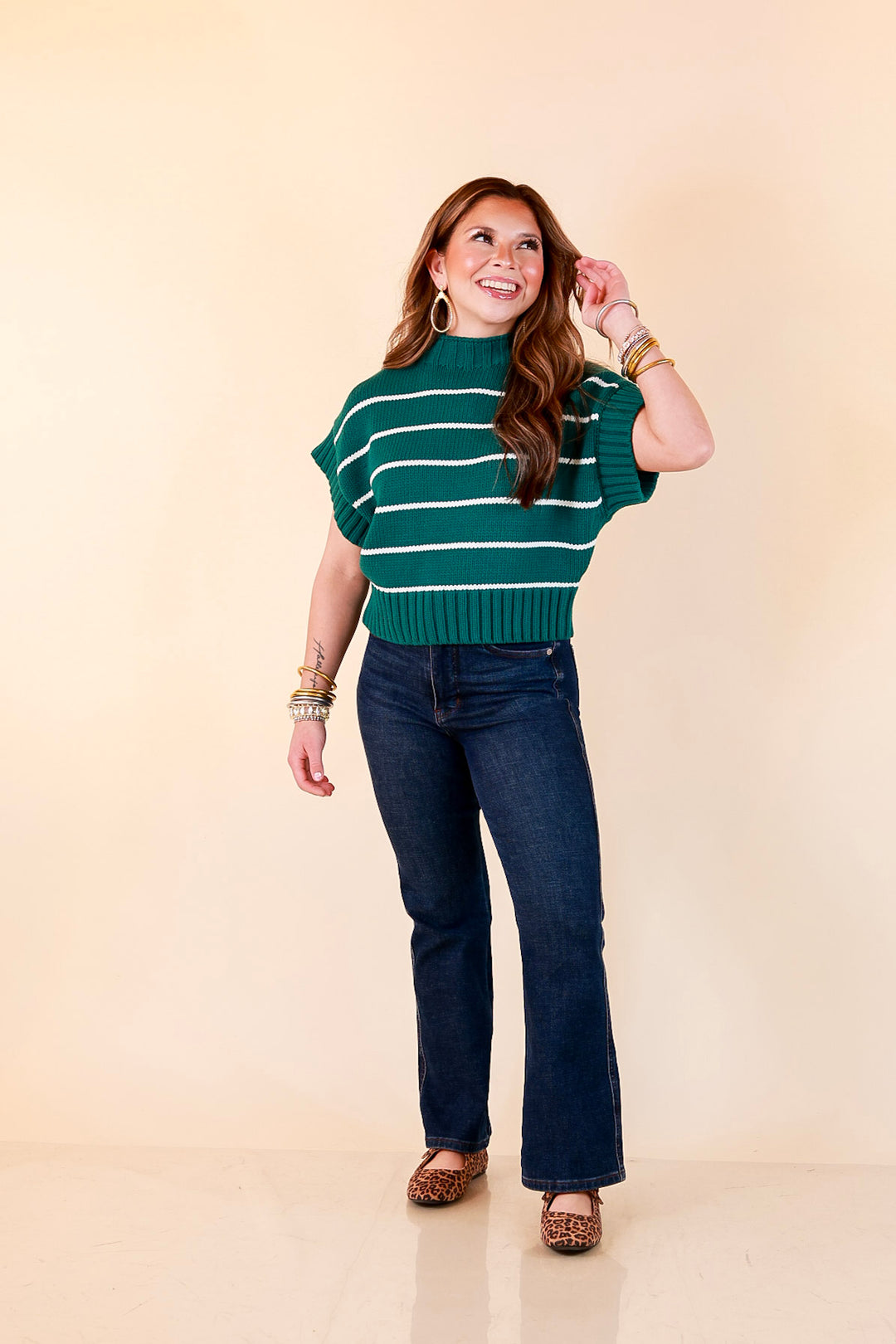 Sweet in Stripes Short Sleeve Striped Mock Neck Sweater in Forest Green