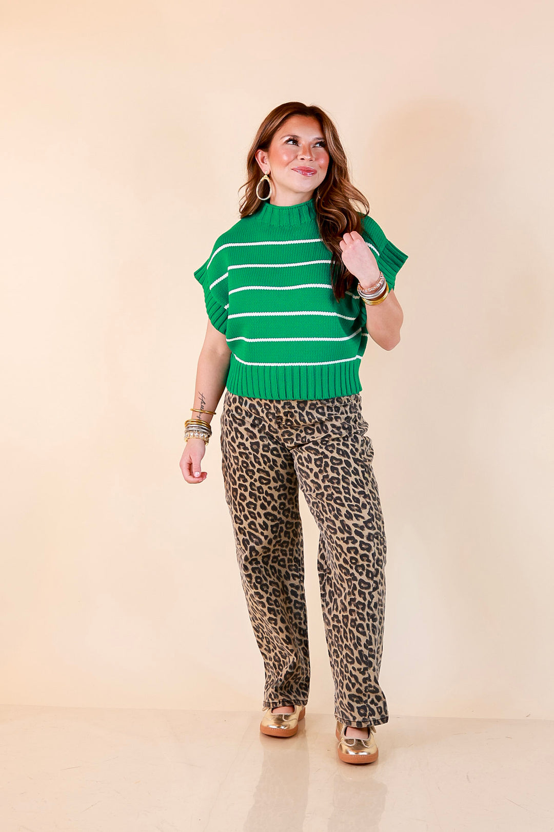 Sweet in Stripes Short Sleeve Striped Mock Neck Sweater in Kelly Green