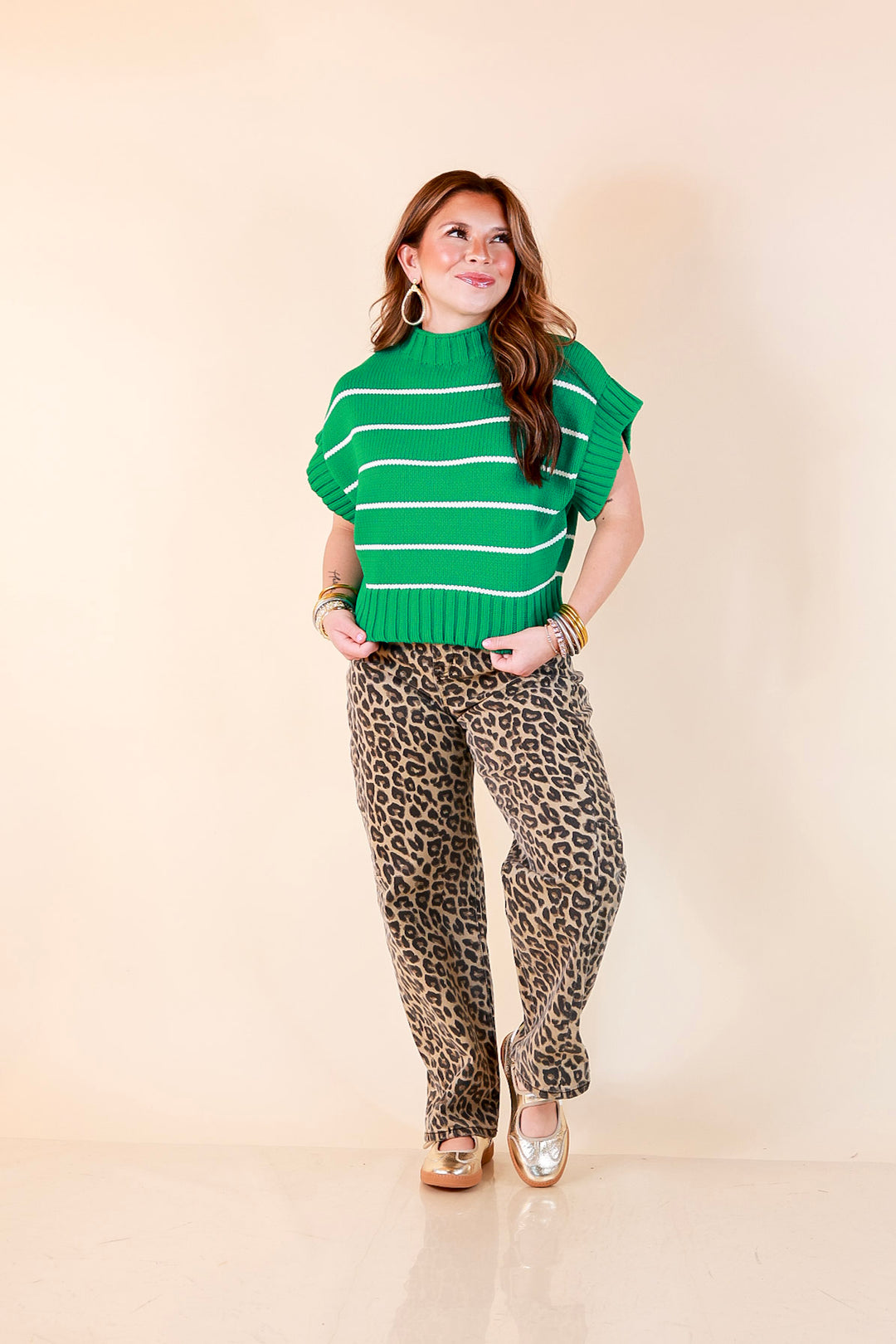 Sweet in Stripes Short Sleeve Striped Mock Neck Sweater in Kelly Green
