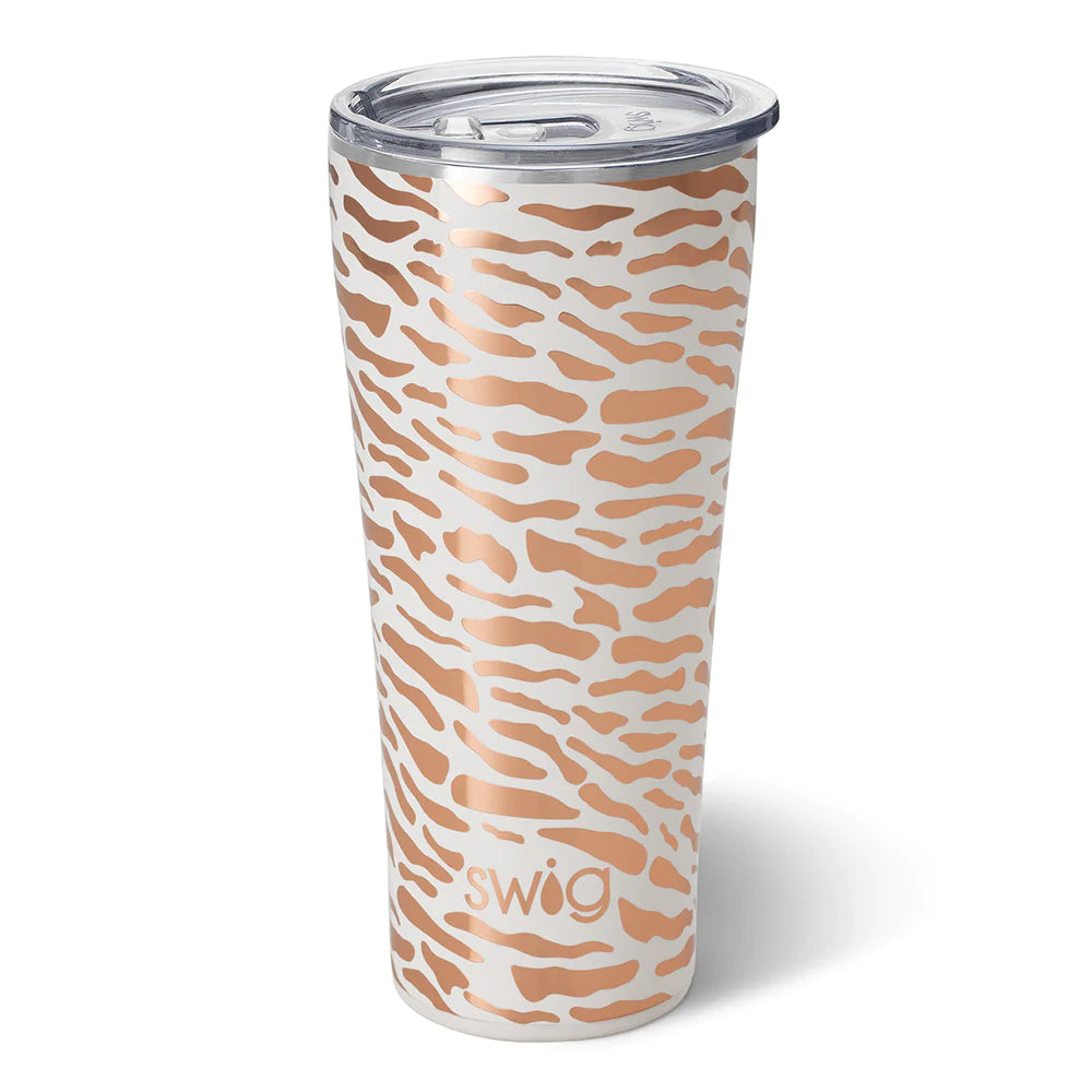Glamazon rose 32 oz cup. This cup is white with rose gold design on top of it. The background is white.