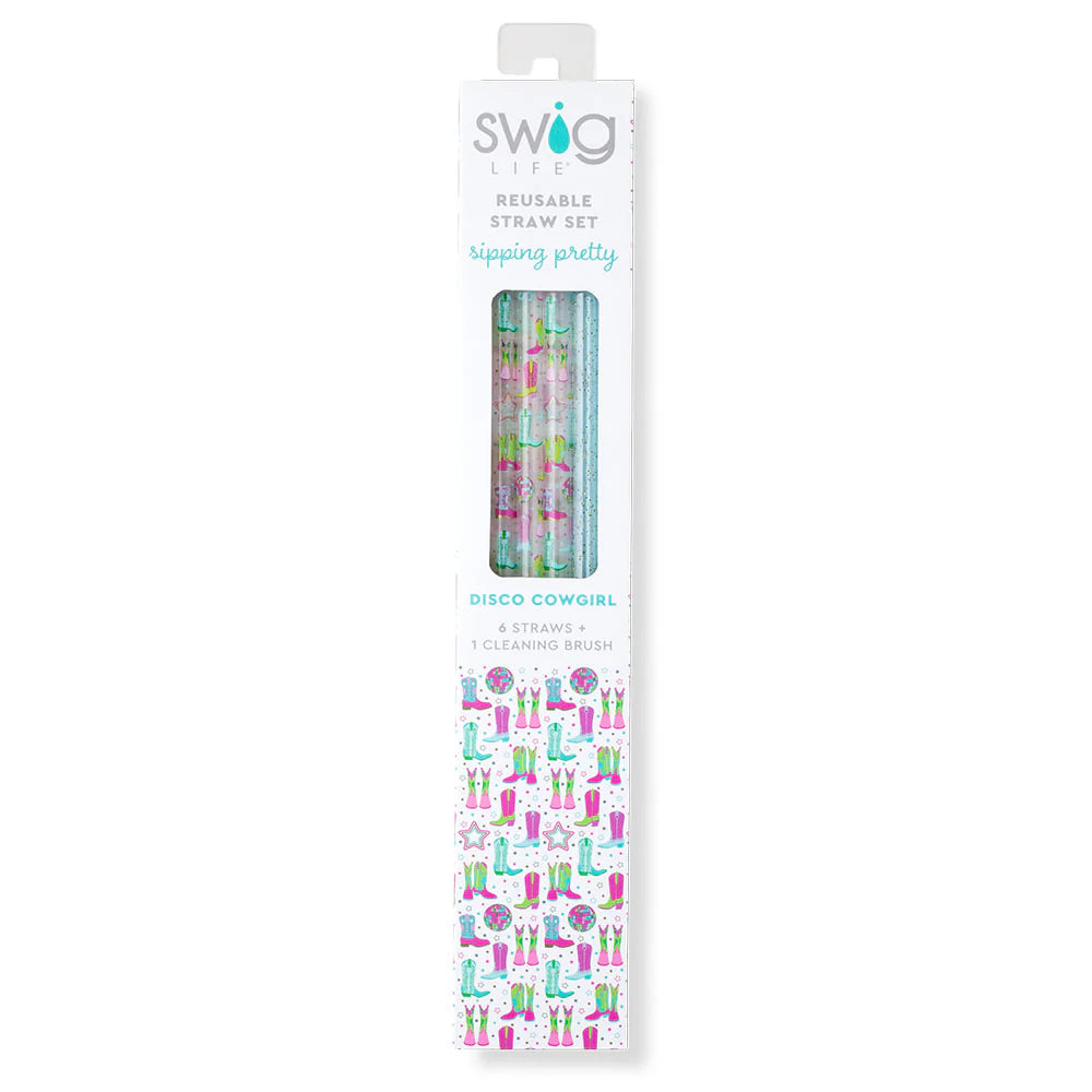 Swig | Disco Cowgirl + Aqua Glitter Reusable Straw Set