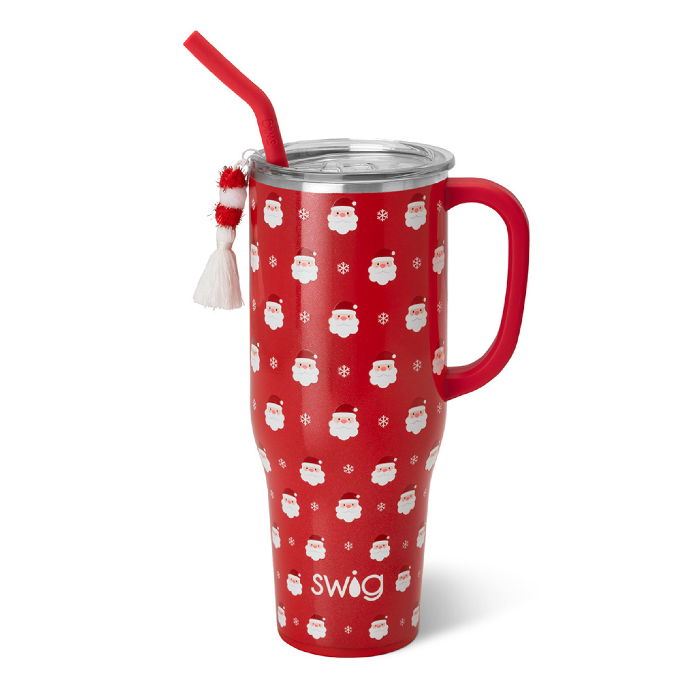 Pictured on a white background is a 40oz mega mug in the snta baby print. This cup includes a red handle, red straw, and a clear lid. 