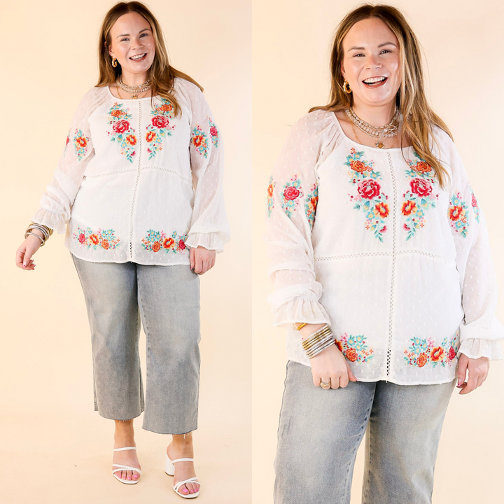 Patio Days Swiss Dot Long Sleeve Blouse with Floral Embroidery in White