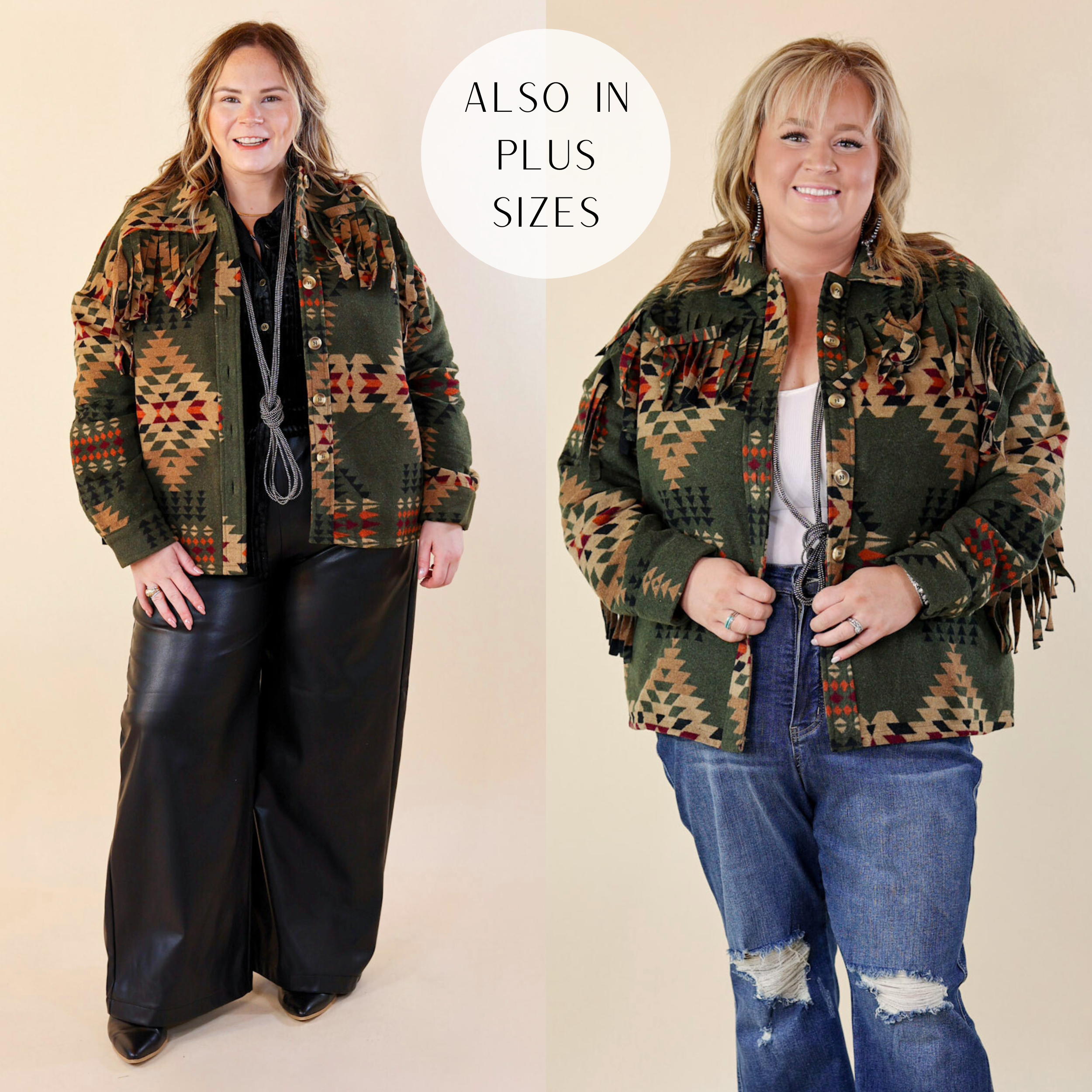 Models are wearing olive green aztec print button up jacket. Large model has it paired with black pants, black heels, and silver jewelry. Plus size model has it paired with blue distressed jeans and silver jewelry.