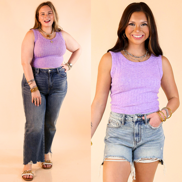 This top features a trendy ribbed texture, sleeveless design, and cropped length. Available in sizes small through large.