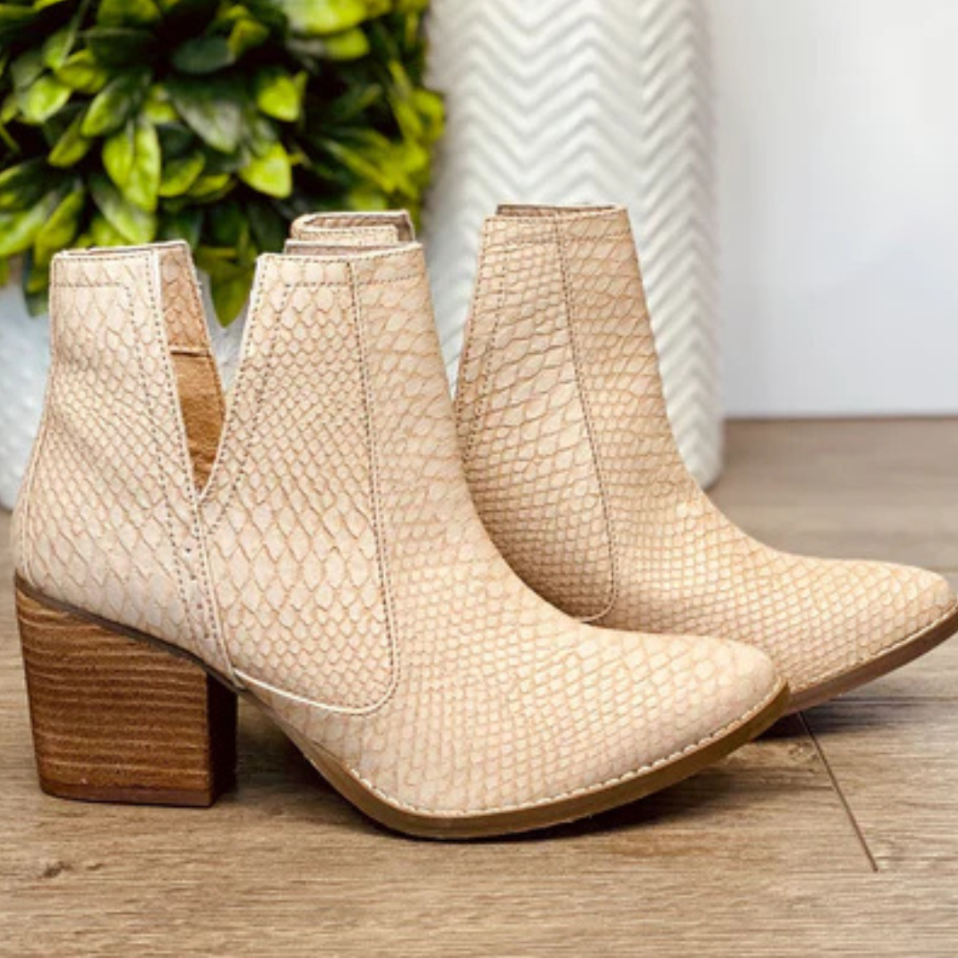 Online Exclusive | Tarim Snakeskin Bootie in Blush Nude
