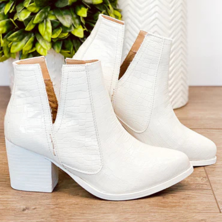 Online Exclusive | Tarim Bootie in White Faux Crocodile Print