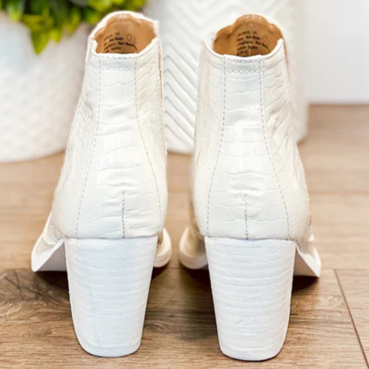 Online Exclusive | Tarim Bootie in White Faux Crocodile Print