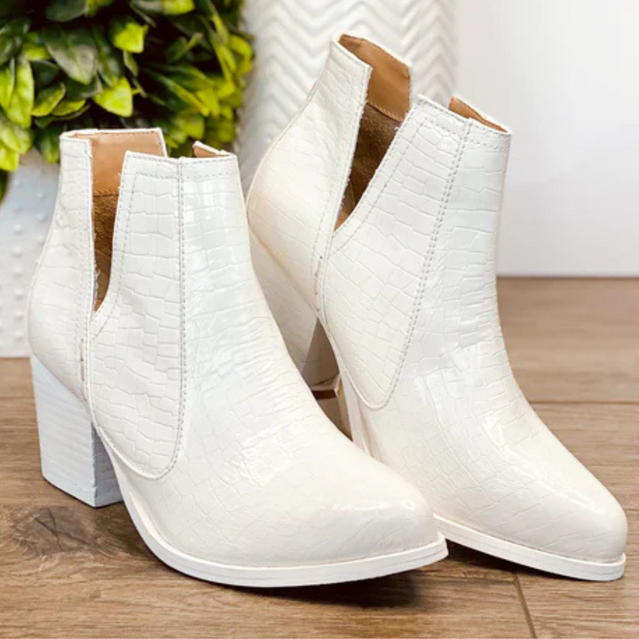 Online Exclusive | Tarim Bootie in White Faux Crocodile Print