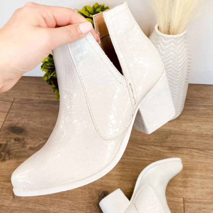 Online Exclusive | Tarim Bootie in White Faux Crocodile Print