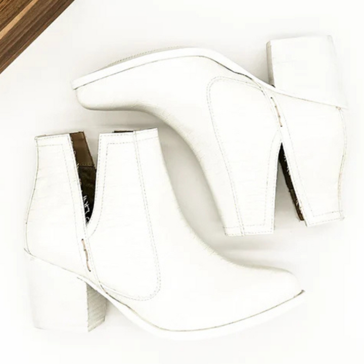 Online Exclusive | Tarim Bootie in White Faux Crocodile Print