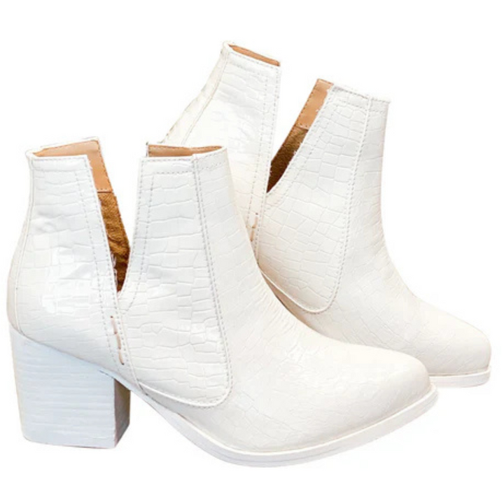 Online Exclusive | Tarim Bootie in White Faux Crocodile Print