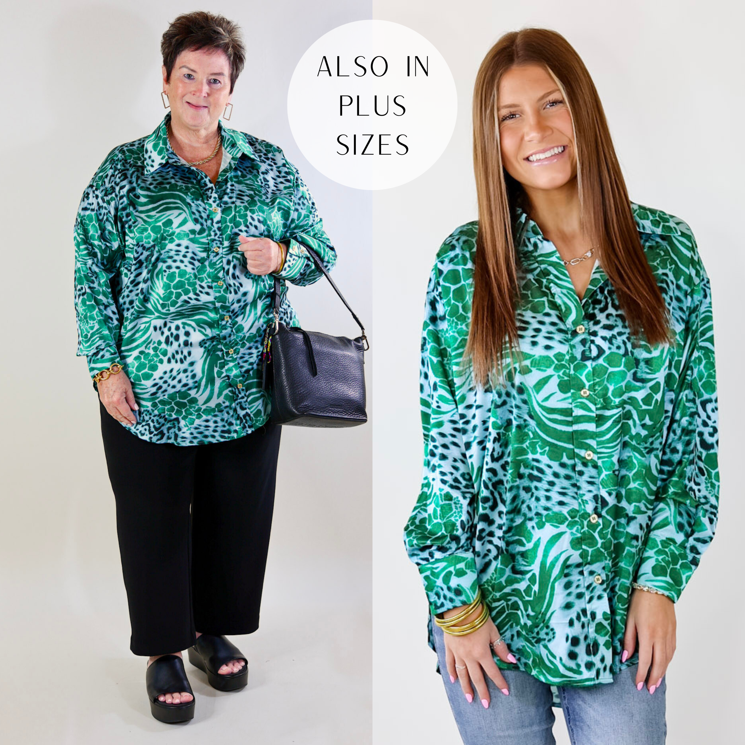 Models are wearing a green button up with multiple animal prints in multiple shades of green. Size small Model has paired the shirt with light blue skinny jeans, black pointed booties, and gold jewelry. Size plus model has it paired with black pants, a black Evie Consuela bag, and gold jewelry. 