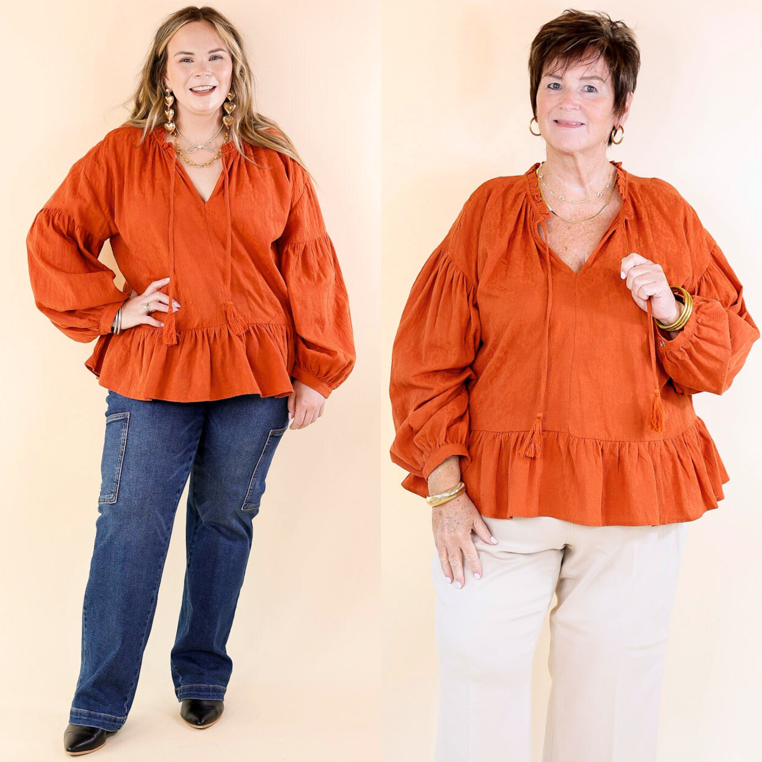 Free Fallin' Textured Long Sleeve Peplum Top with Keyhole Front in Orange