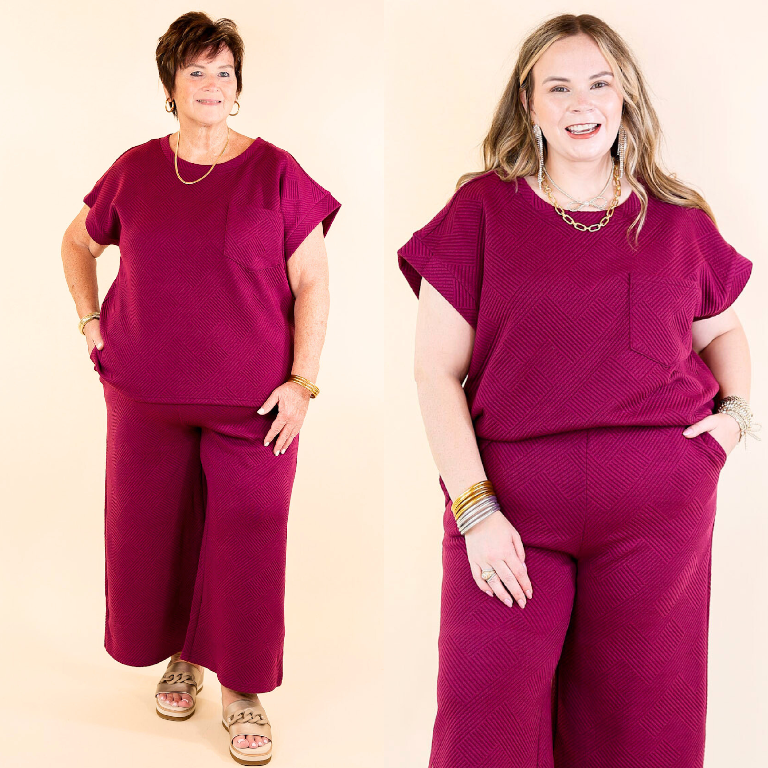 Glamour on the Go Textured Top with Pocket in Plum Purple