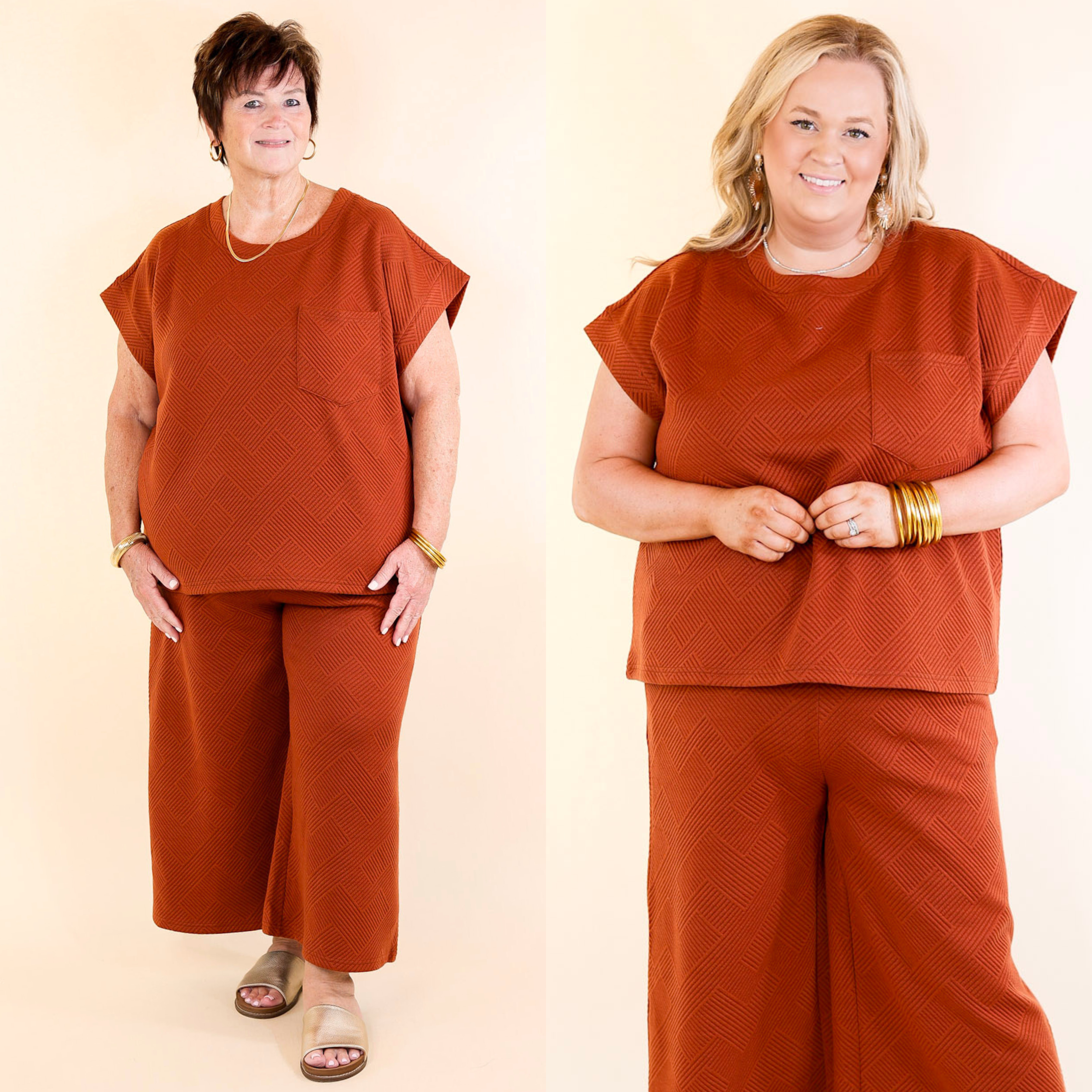 Glamour on the Go Textured Top with Pocket in Rust Orange