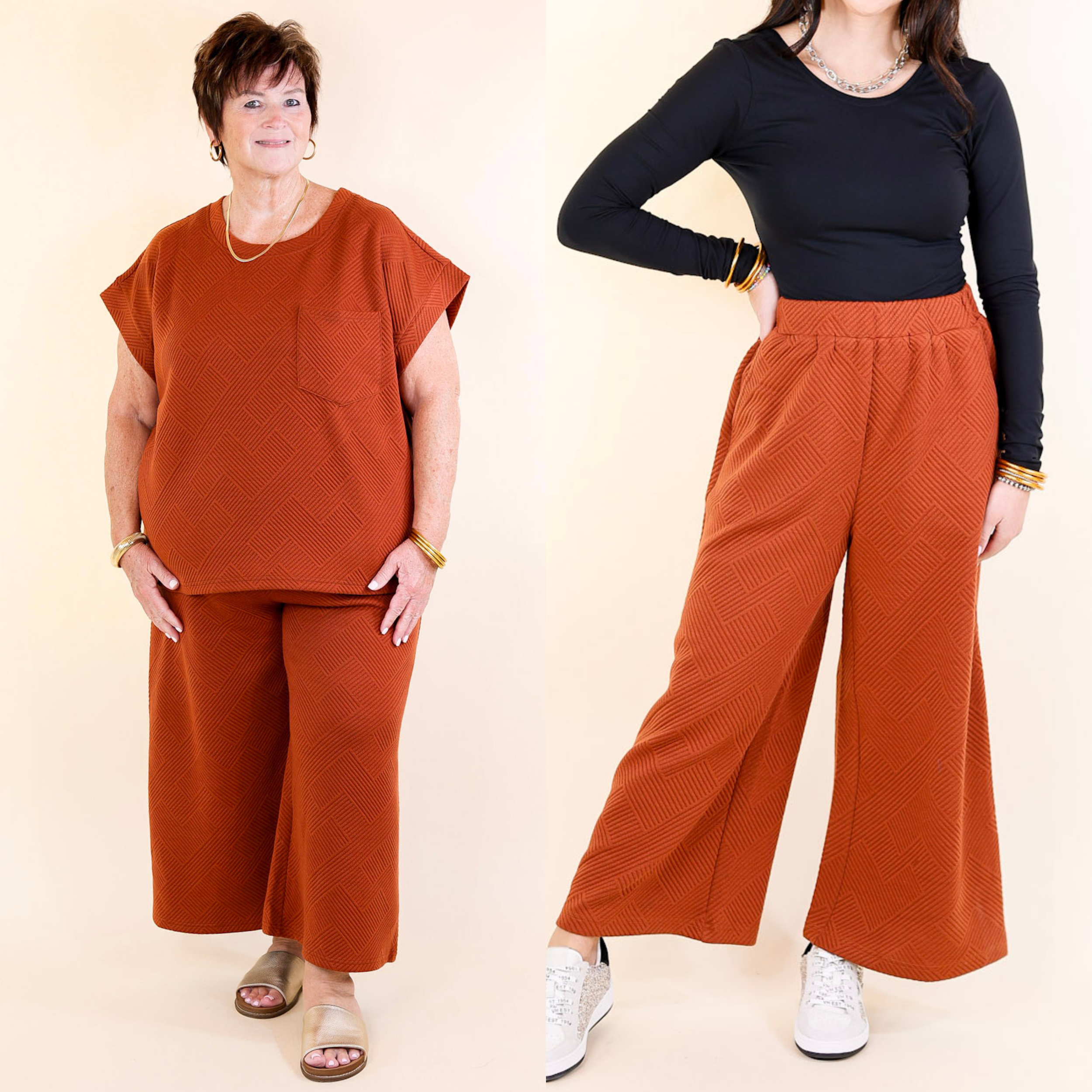 Glamour on the Go Textured Wide Leg Pant in Rust Orange