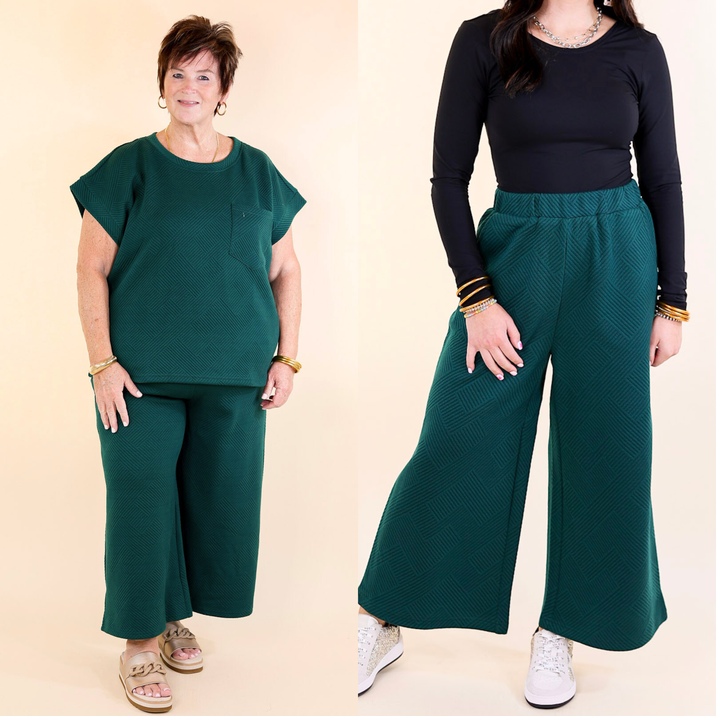 Glamour on the Go Textured Wide Leg Pant in Forest Green