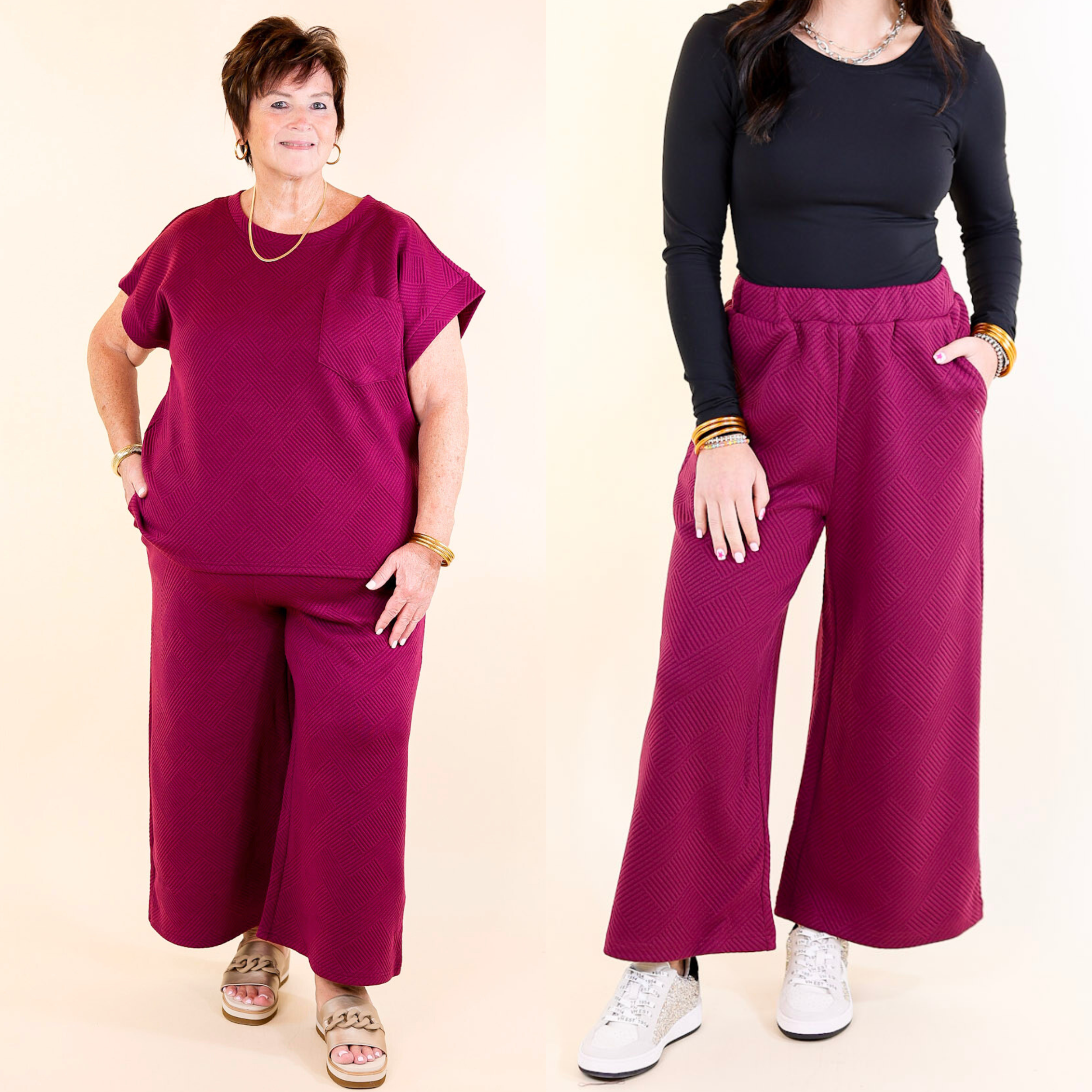 Glamour on the Go Textured Wide Leg Pant in Plum Purple