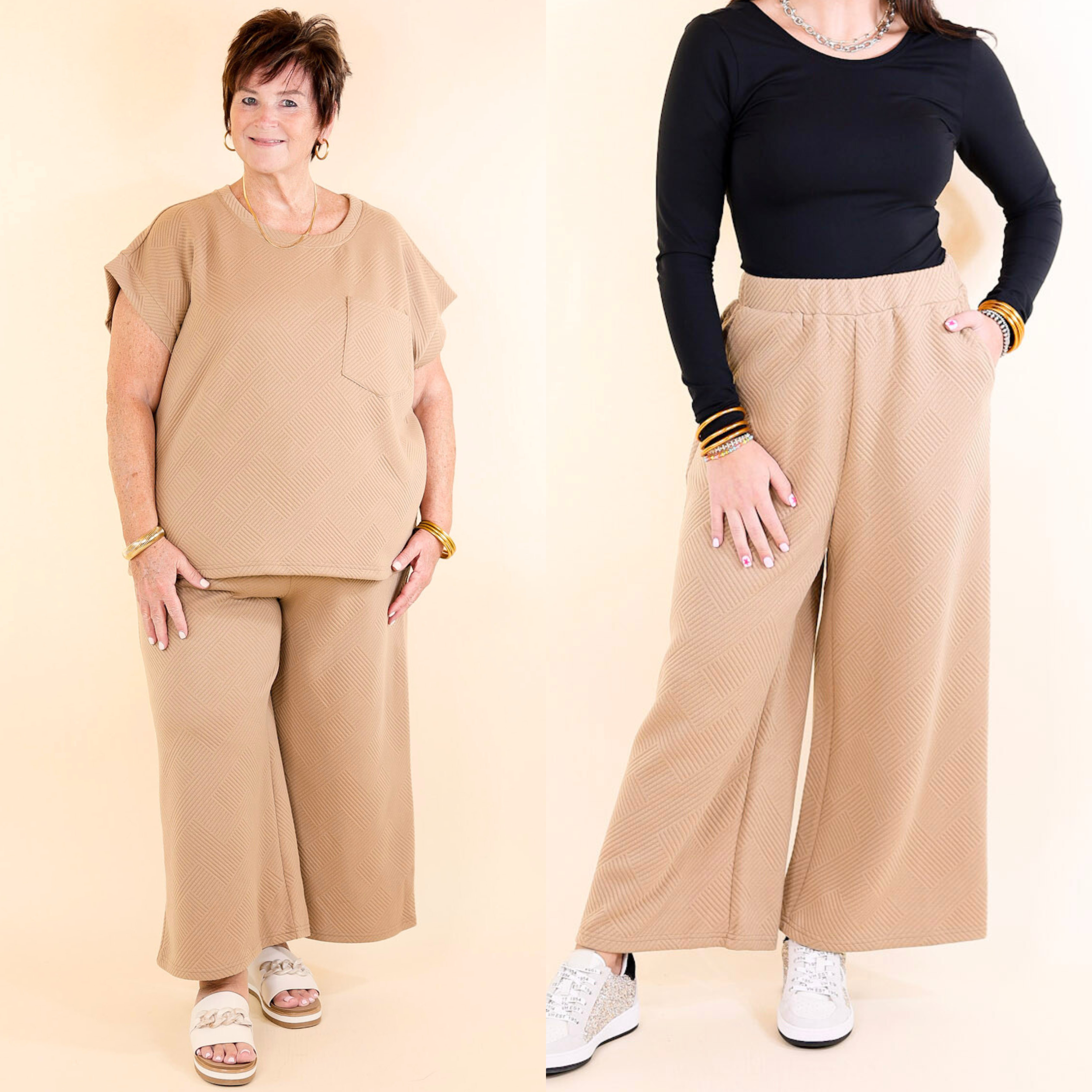 Glamour on the Go Textured Wide Leg Pant in Tan