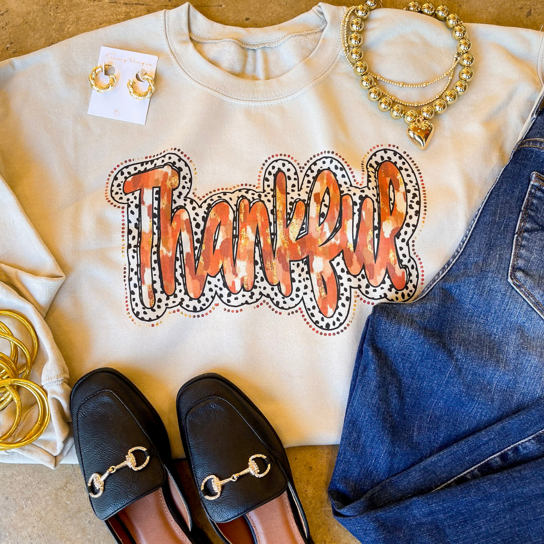 Online Exclusive | Thankful Autumn Watercolors and Dalmatian Background Graphic Sweatshirt in Multiple Color Options