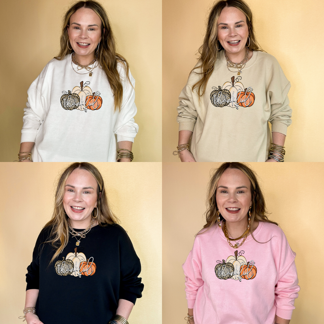 Online Exclusive | Thankful Cheetah and Solid Pumpkin Trio Graphic Sweatshirt in Multiple Color Options