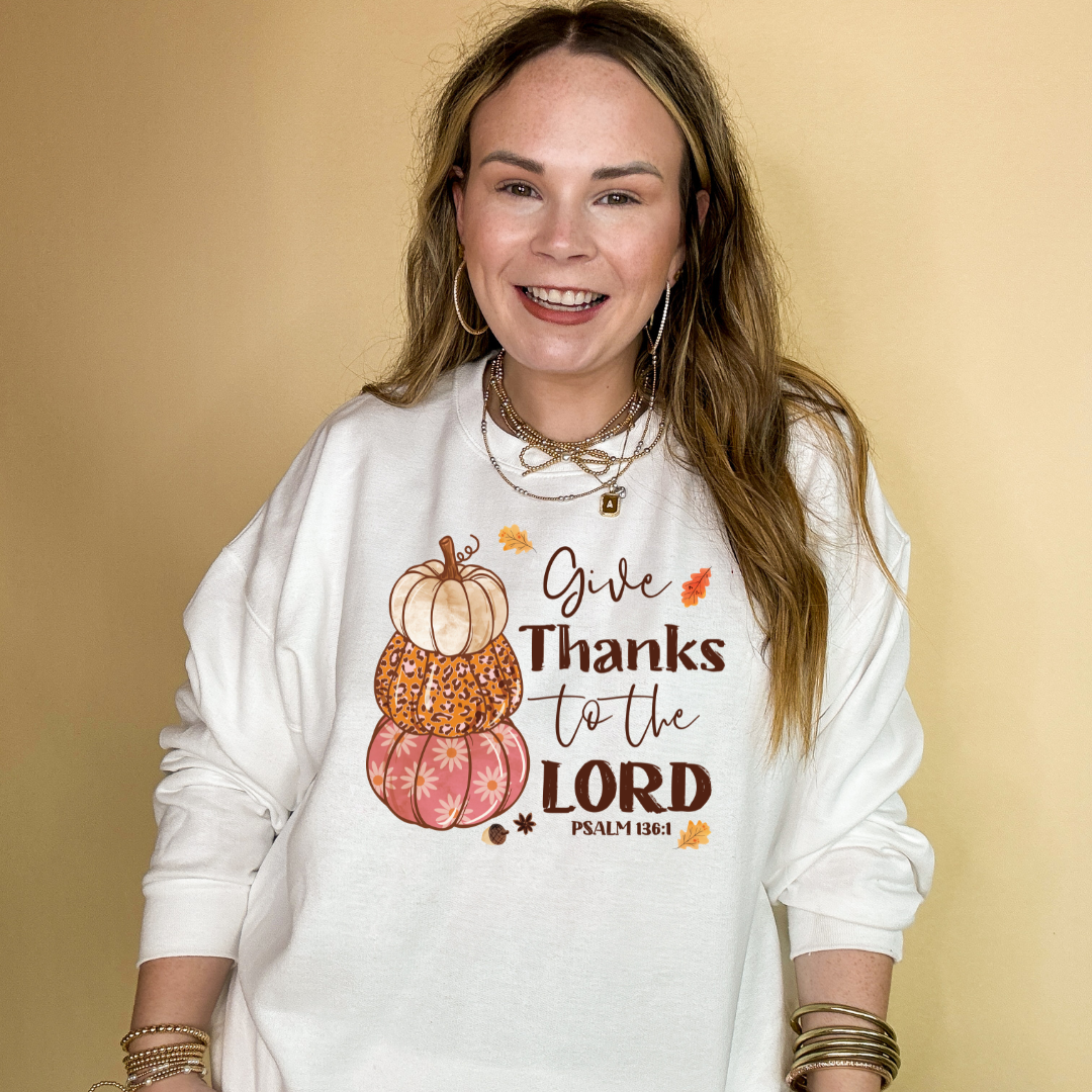 Online Exclusive | Give Thanks to the Lord Psalm 136:1 Stack of Pumpkins Graphic Sweatshirt in Multiple Color Options