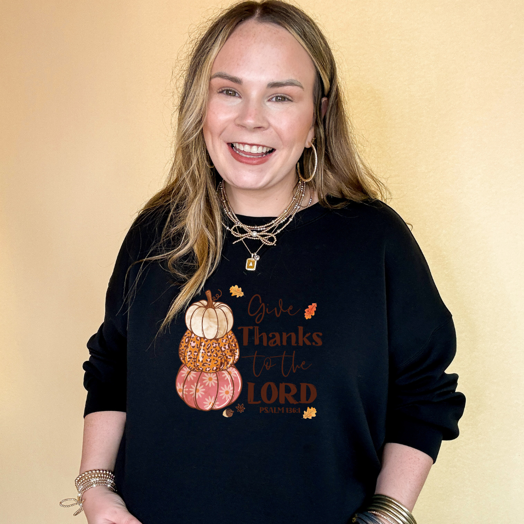 Online Exclusive | Give Thanks to the Lord Psalm 136:1 Stack of Pumpkins Graphic Sweatshirt in Multiple Color Options