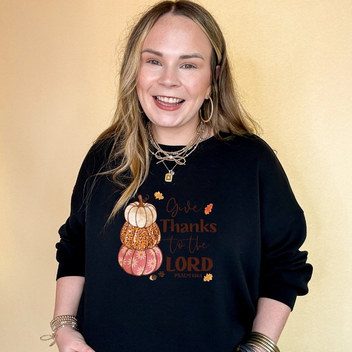 Online Exclusive | Give Thanks to the Lord Psalm 136:1 Stack of Pumpkins Graphic Sweatshirt in Multiple Color Options
