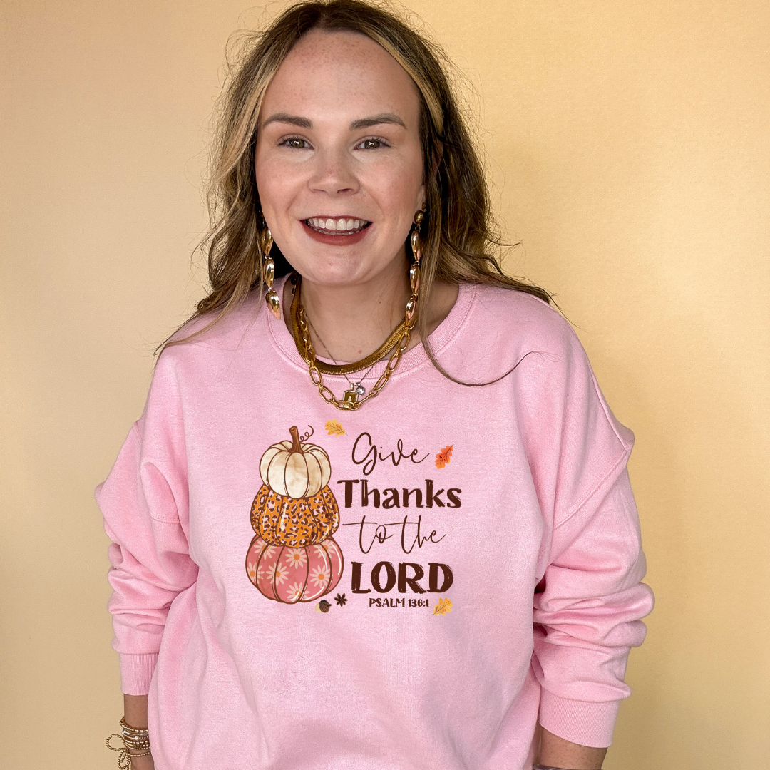 Online Exclusive | Give Thanks to the Lord Psalm 136:1 Stack of Pumpkins Graphic Sweatshirt in Multiple Color Options