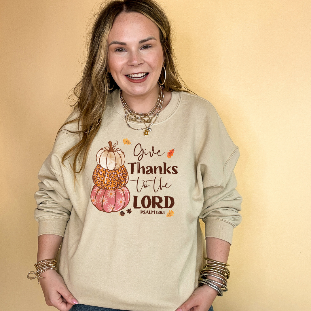 Online Exclusive | Give Thanks to the Lord Psalm 136:1 Stack of Pumpkins Graphic Sweatshirt in Multiple Color Options