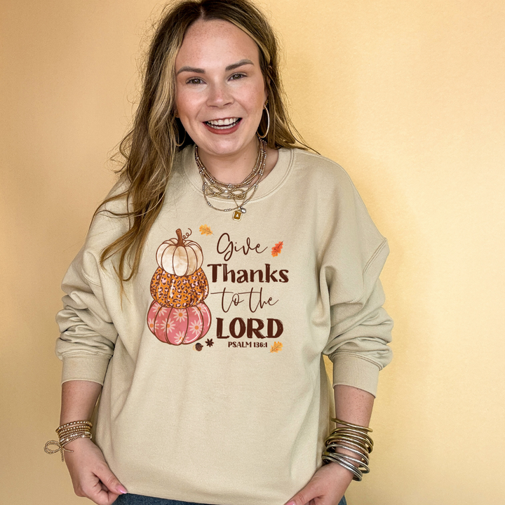 Online Exclusive | Give Thanks to the Lord Psalm 136:1 Stack of Pumpkins Graphic Sweatshirt in Multiple Color Options