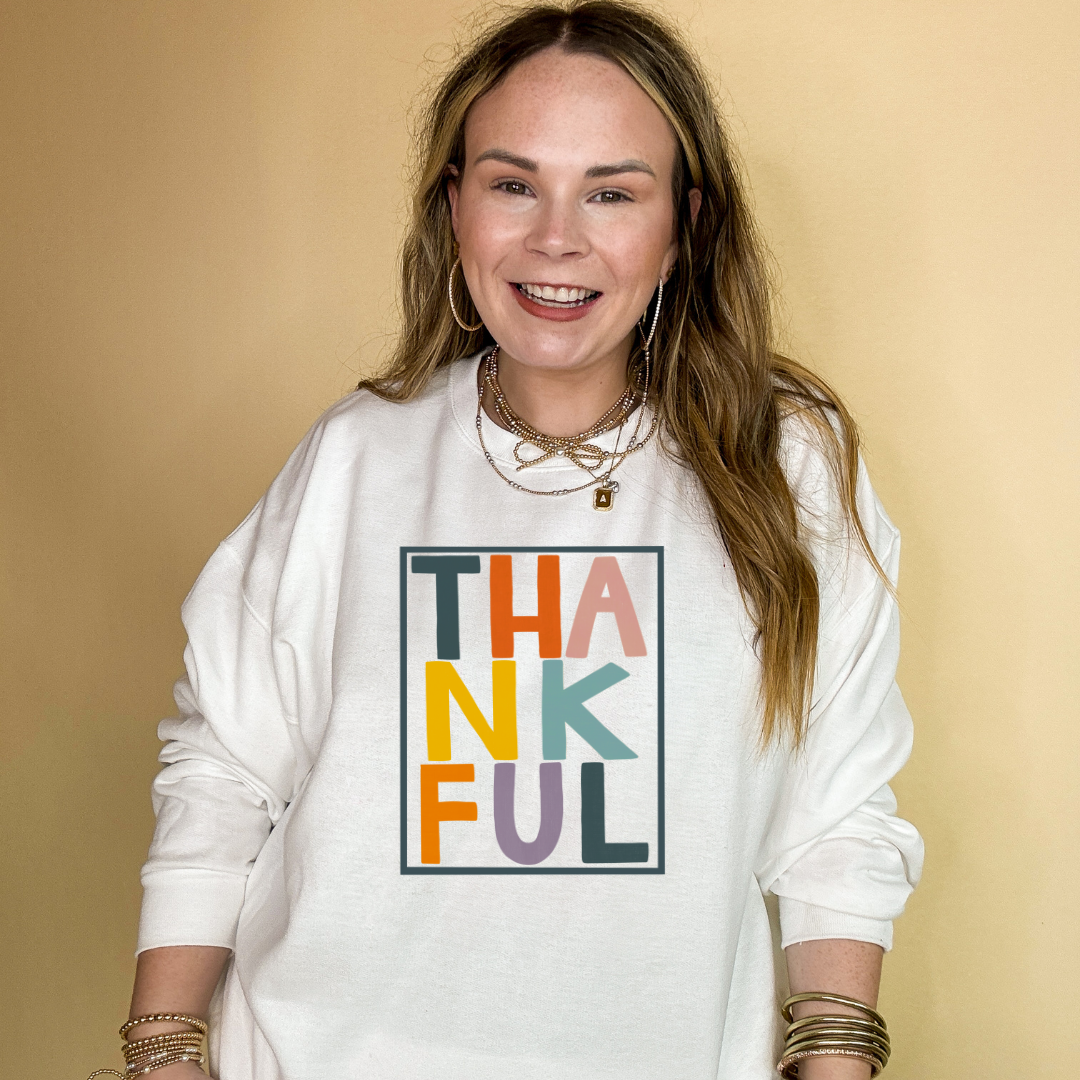 Online Exclusive | Thankful Color Block Letters Graphic Sweatshirt in Multiple Color Options