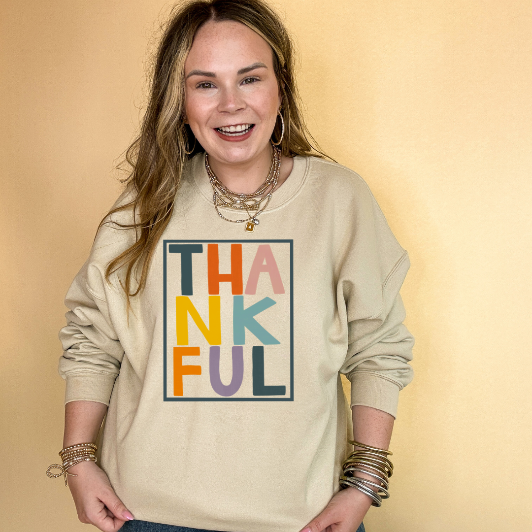 Online Exclusive | Thankful Color Block Letters Graphic Sweatshirt in Multiple Color Options