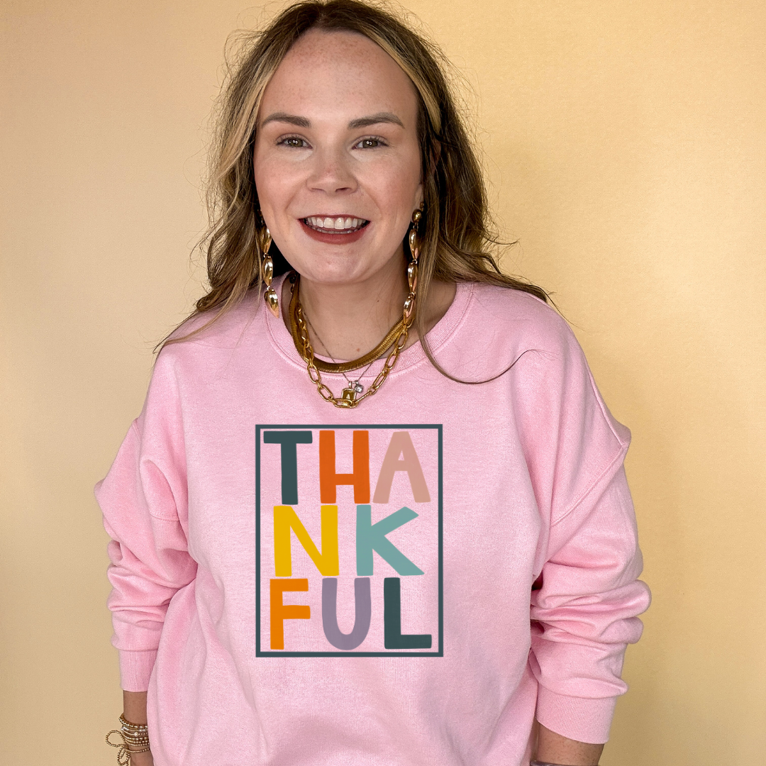 Online Exclusive | Thankful Color Block Letters Graphic Sweatshirt in Multiple Color Options