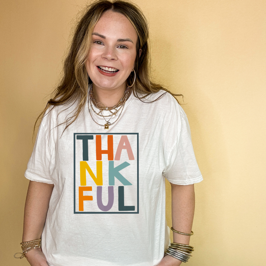 Online Exclusive | Thankful Color Block Letters Graphic Tee in Multiple Color Options