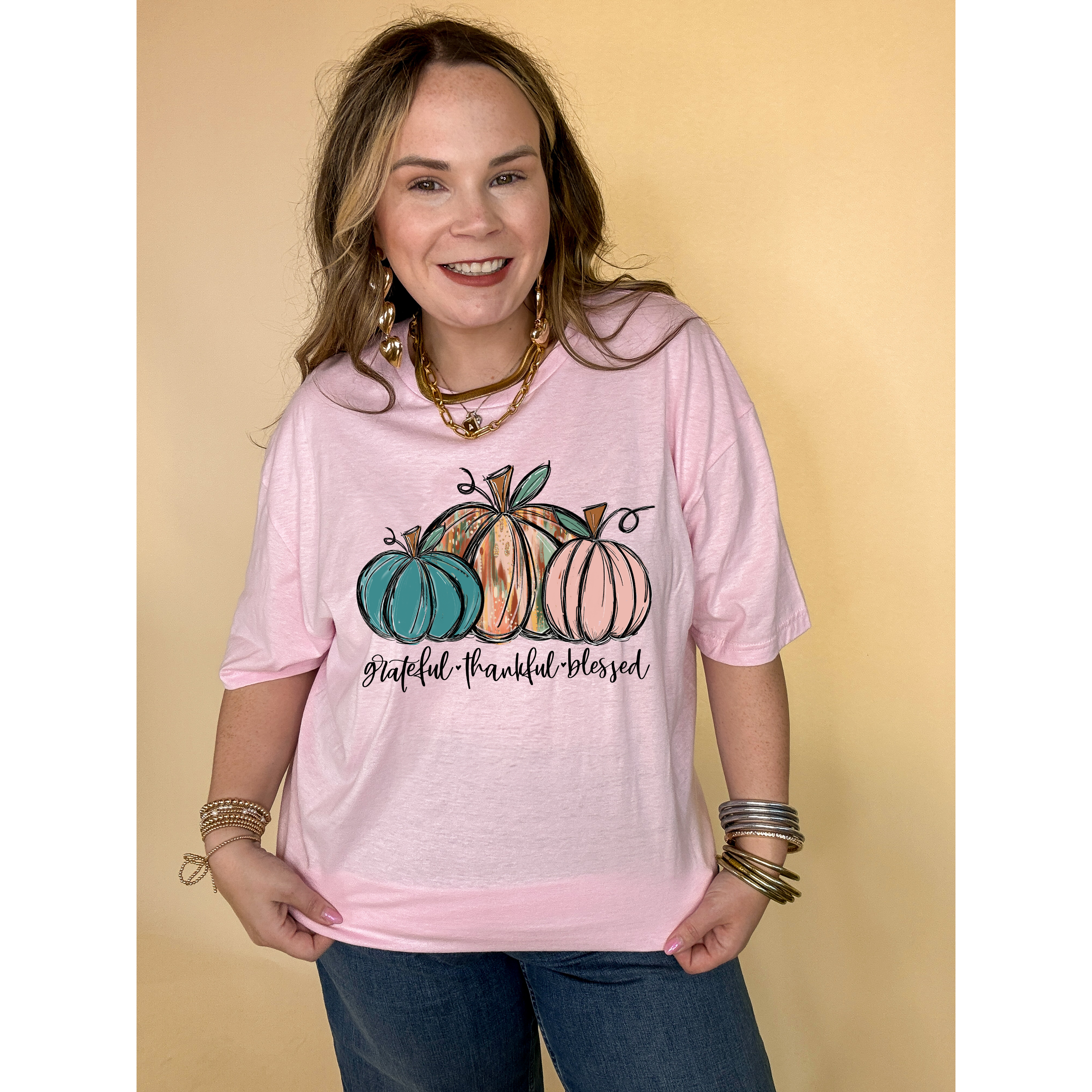 Online Exclusive | Grateful, Thankful and Blessed Three Painted Pumpkin Graphic Tee in Multiple Color Options