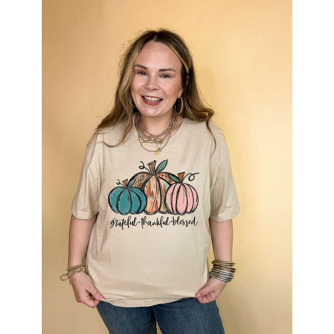 Online Exclusive | Grateful, Thankful and Blessed Three Painted Pumpkin Graphic Tee in Multiple Color Options