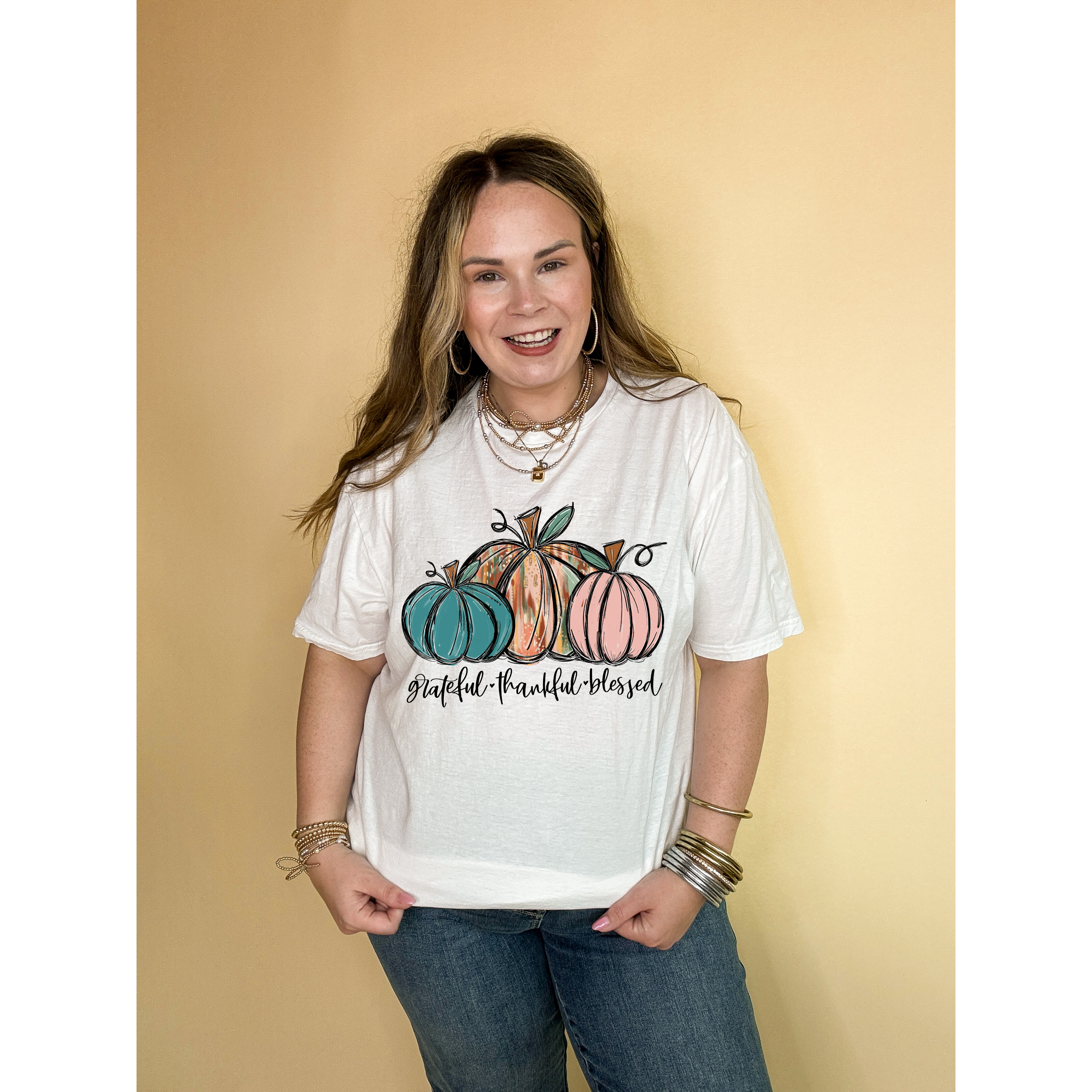 Online Exclusive | Grateful, Thankful and Blessed Three Painted Pumpkin Graphic Tee in Multiple Color Options