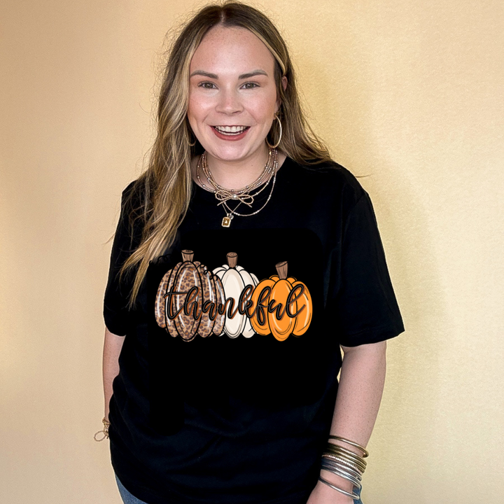 Online Exclusive | Thankful Pumpkins Cheetah, White and Orange Graphic Tee in Multiple Color Options