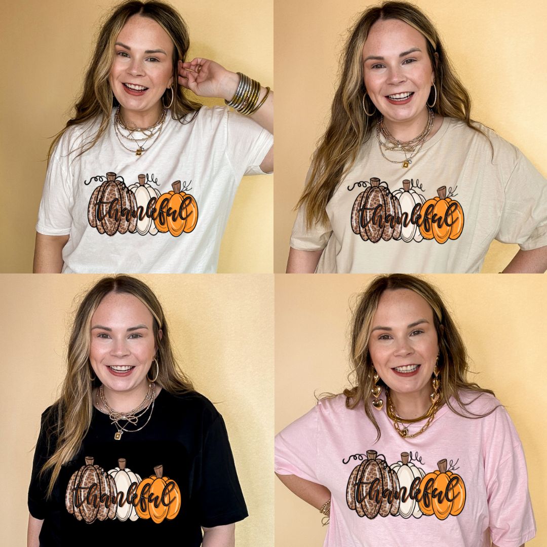 Online Exclusive | Thankful Pumpkins Cheetah, White and Orange Graphic Tee in Multiple Color Options