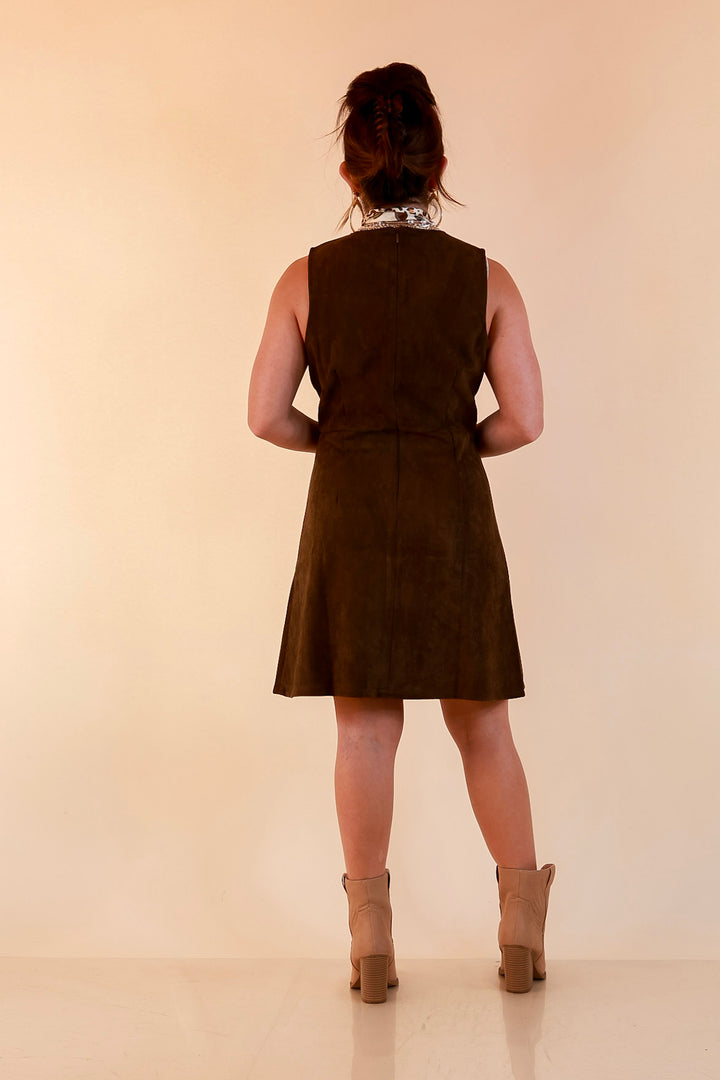 The Fine Print Sleeveless Faux Suede Tank Mini Dress with Horsebit Detailing in Olive Brown