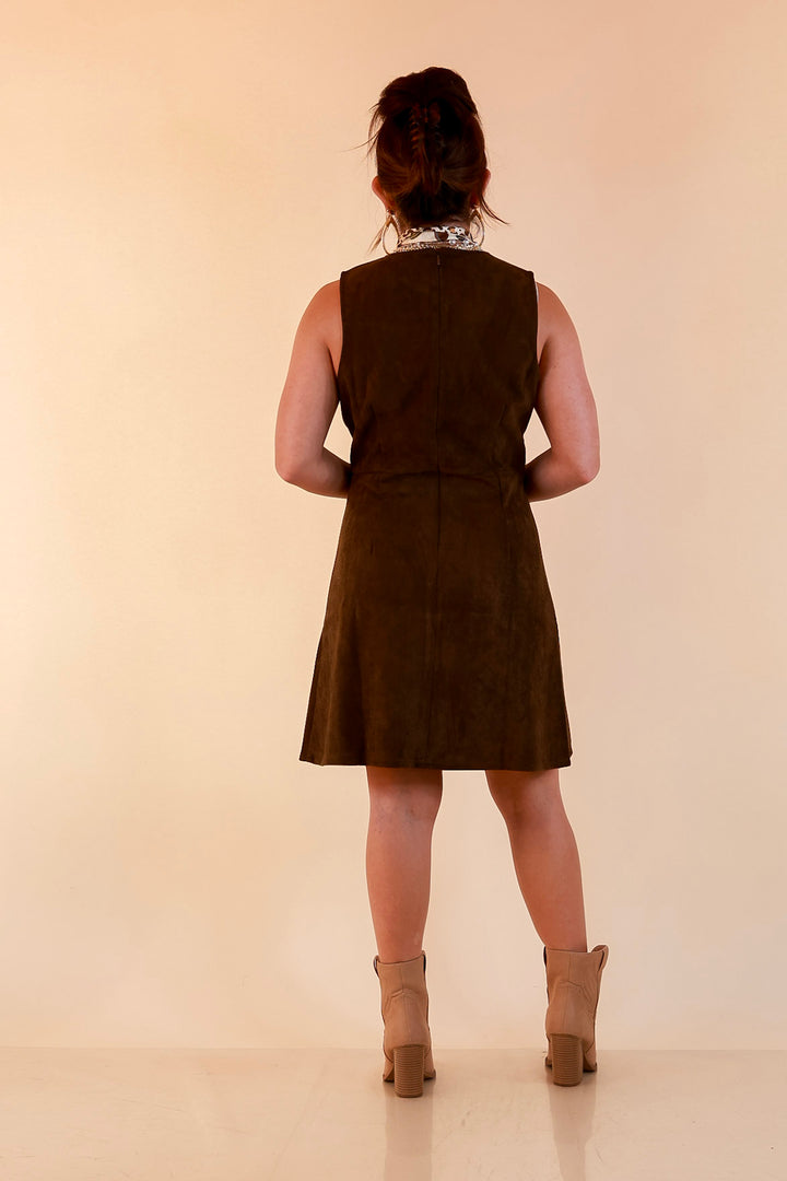 The Fine Print Sleeveless Faux Suede Tank Mini Dress with Horsebit Detailing in Olive Brown