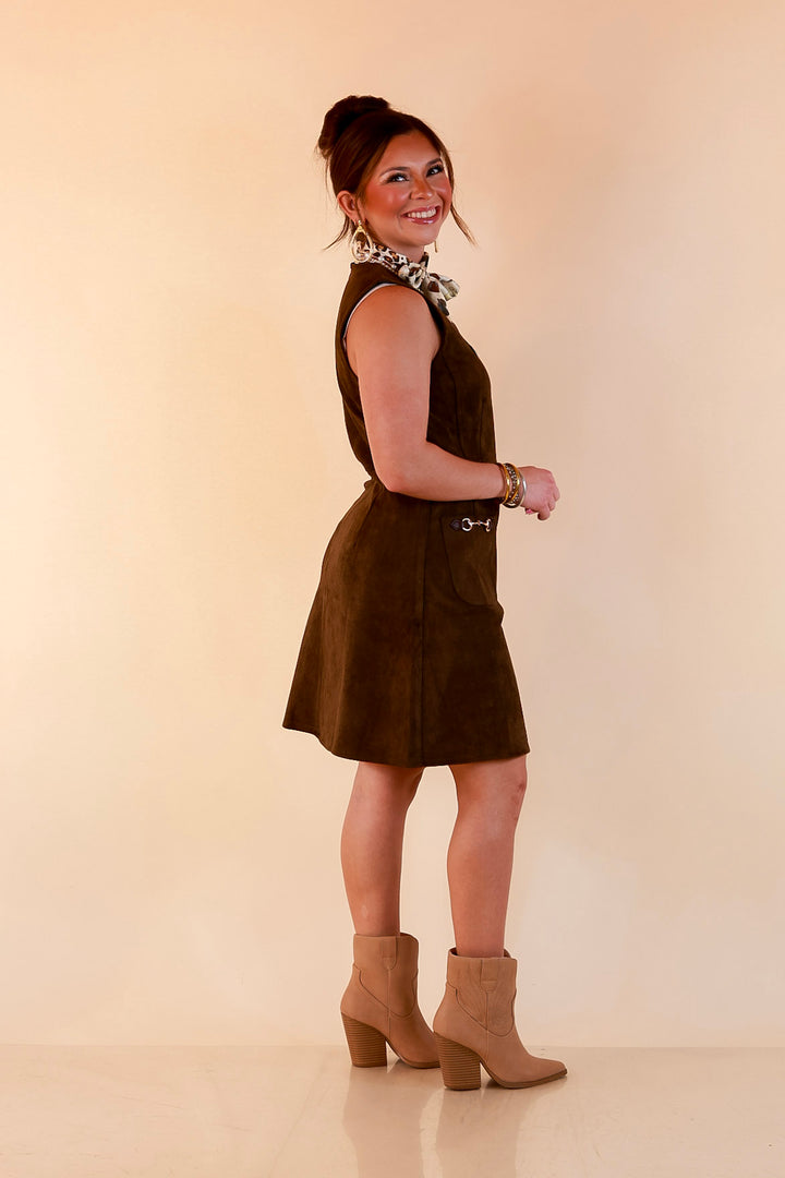 The Fine Print Sleeveless Faux Suede Tank Mini Dress with Horsebit Detailing in Olive Brown