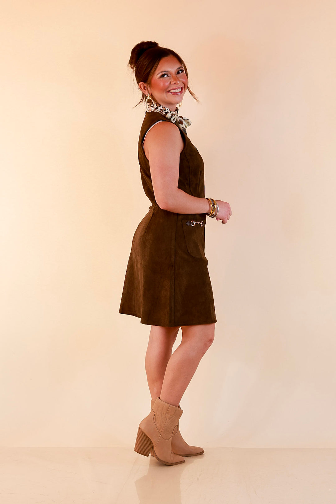 The Fine Print Sleeveless Faux Suede Tank Mini Dress with Horsebit Detailing in Olive Brown