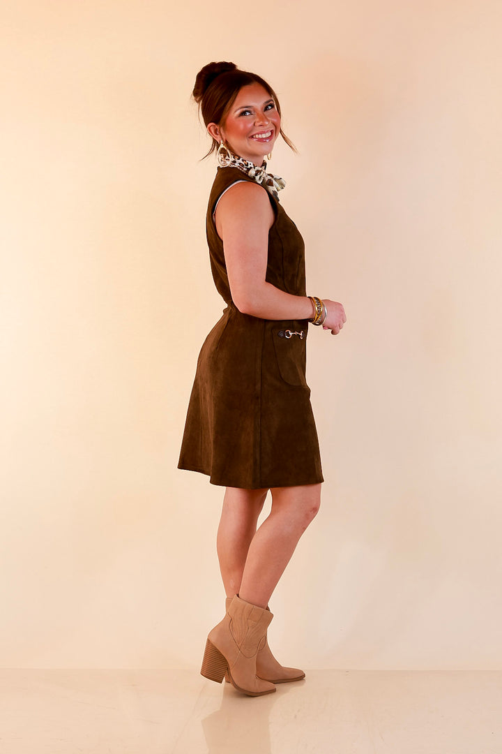 The Fine Print Sleeveless Faux Suede Tank Mini Dress with Horsebit Detailing in Olive Brown