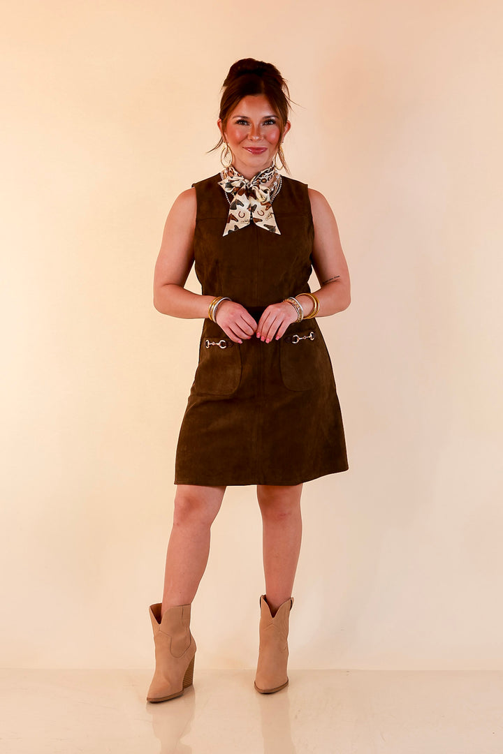 The Fine Print Sleeveless Faux Suede Tank Mini Dress with Horsebit Detailing in Olive Brown