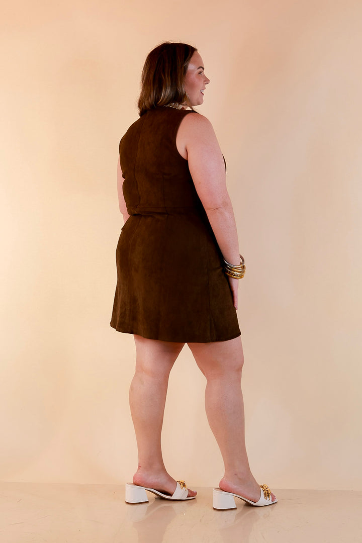 The Fine Print Sleeveless Faux Suede Tank Mini Dress with Horsebit Detailing in Olive Brown