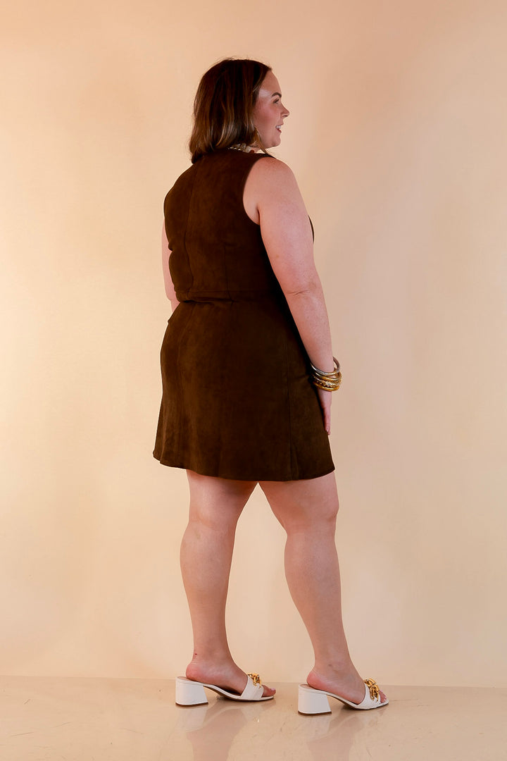 The Fine Print Sleeveless Faux Suede Tank Mini Dress with Horsebit Detailing in Olive Brown